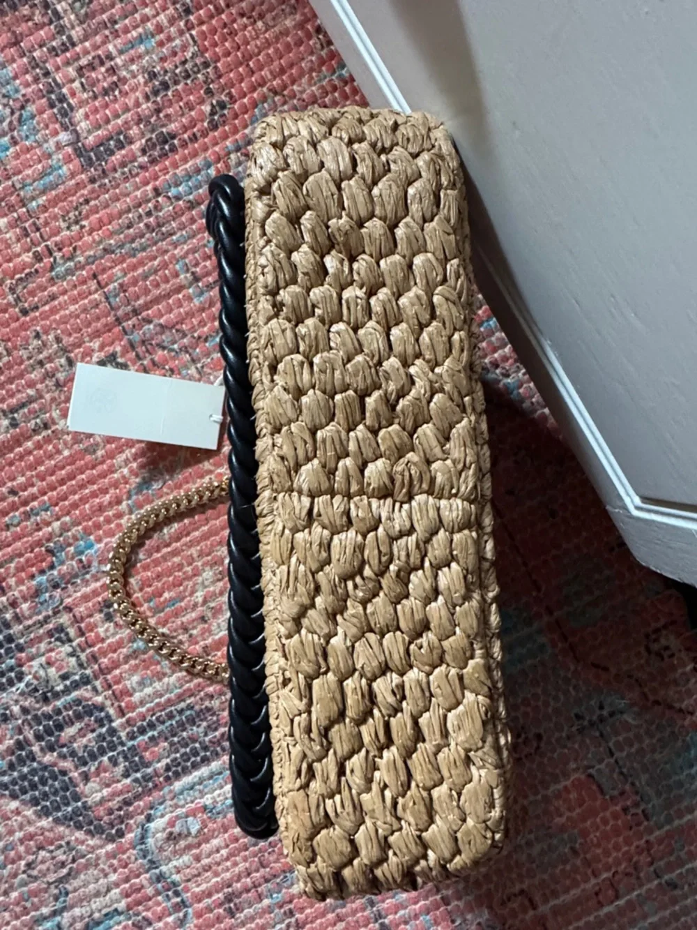 Tory Burch Woven Straw Shoulder Bag with Black Trim and Gold Chain Handle